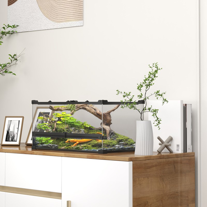 Lasiterraario matelijoille, karkaistu lasi, vesitiivis korotettu pohja, painikelukko, 50 x 30 x 25 cm, 34 l, musta