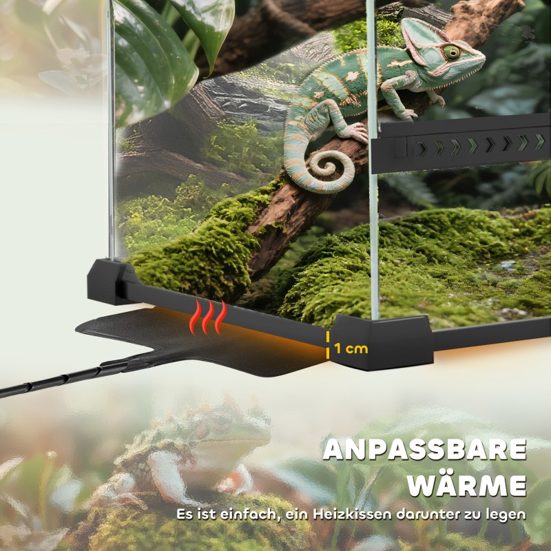 Lasiterraario matelijoille, karkaistu lasi, vesitiivis korotettu pohja, painikelukko, 50 x 30 x 25 cm, 34 l, musta