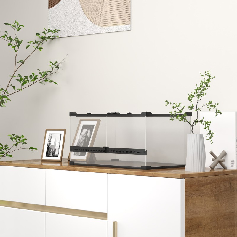 Lasiterraario matelijoille, karkaistu lasi, vesitiivis korotettu pohja, painikelukko, 50 x 30 x 25 cm, 34 l, musta