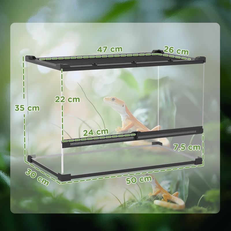 Lasiterraario matelijoille, karkaistu lasi, korotettu ja vesitiivis pohja, 50 x 30 x 35 cm, musta