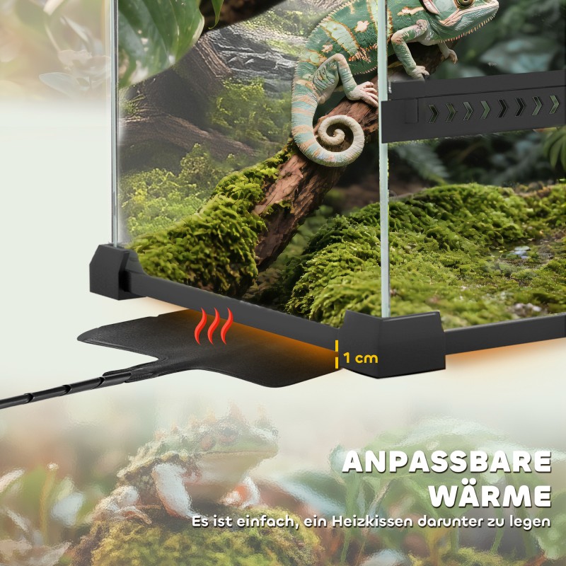 Lasiterraario matelijoille, karkaistu lasi, korotettu ja vesitiivis pohja, 50 x 30 x 35 cm, musta