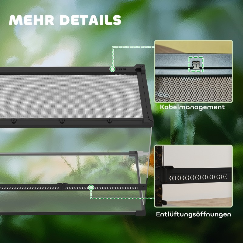 Lasiterraario matelijoille, karkaistu lasi, korotettu ja vesitiivis pohja, 50 x 30 x 35 cm, musta