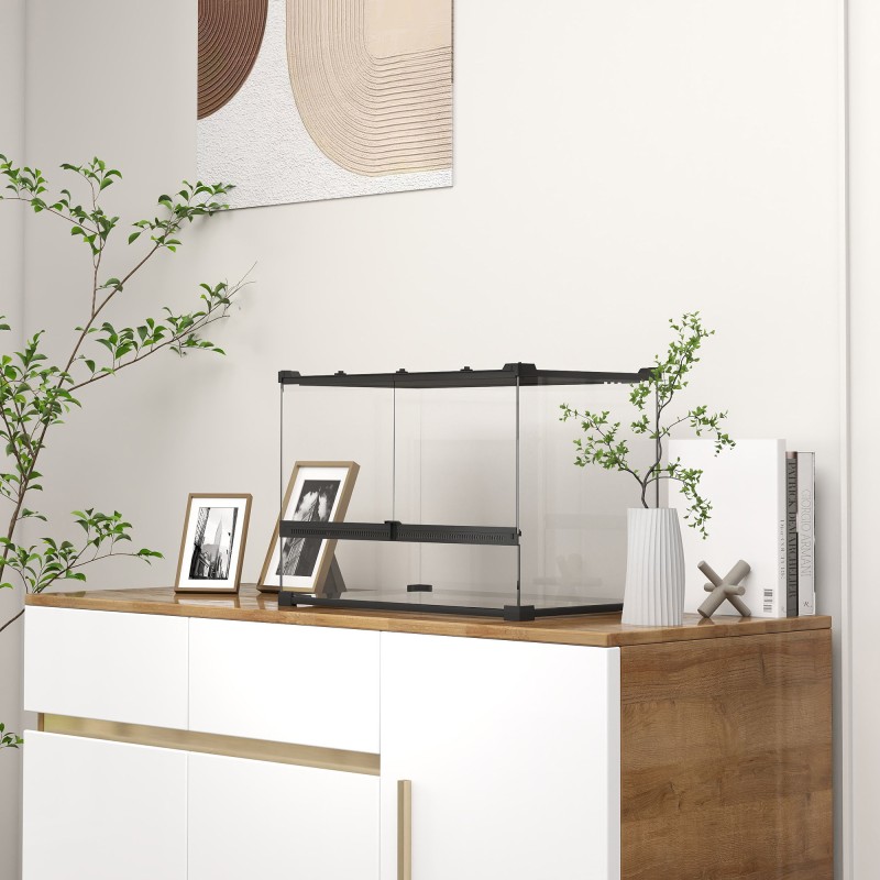 Lasiterraario matelijoille, karkaistu lasi, korotettu ja vesitiivis pohja, 50 x 30 x 35 cm, musta