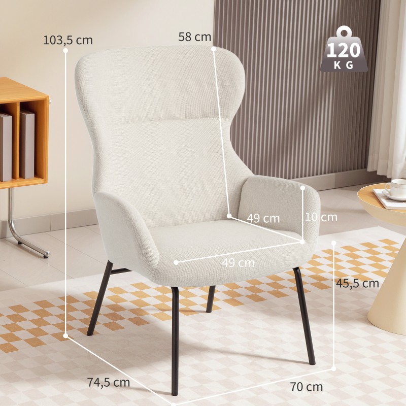 Korvakaarituoli korkealla selkänojalla, paksu verhoilu, teräsjalat, pellavamainen kangas, cremevalkoinen