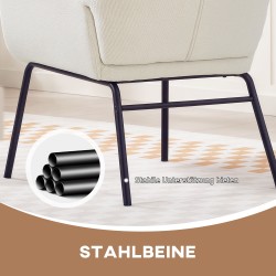 Korvakaarituoli korkealla selkänojalla, paksu verhoilu, teräsjalat, pellavamainen kangas, cremevalkoinen