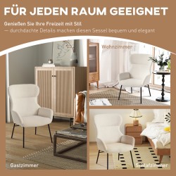 Korvakaarituoli korkealla selkänojalla, paksu verhoilu, teräsjalat, pellavamainen kangas, cremevalkoinen