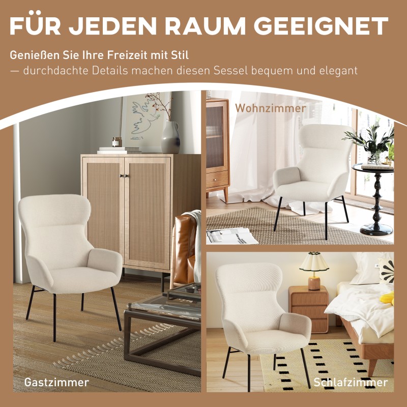 Korvakaarituoli korkealla selkänojalla, paksu verhoilu, teräsjalat, pellavamainen kangas, cremevalkoinen