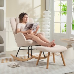 Keinutuoli ja jalkarahi, fleece-verhoilu, teräsrunko ja pyökkijalat, beige