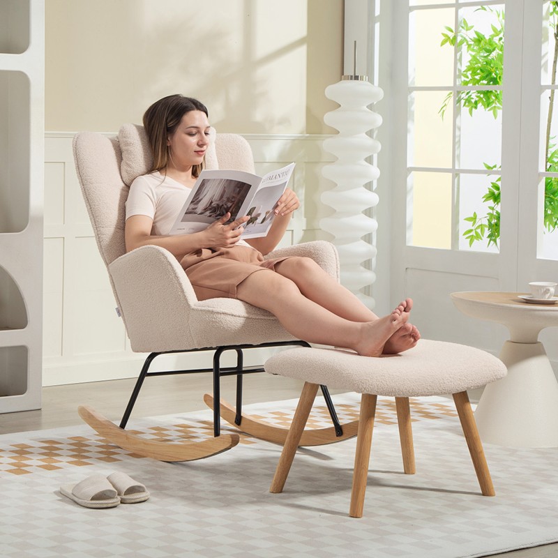 Keinutuoli ja jalkarahi, fleece-verhoilu, teräsrunko ja pyökkijalat, beige