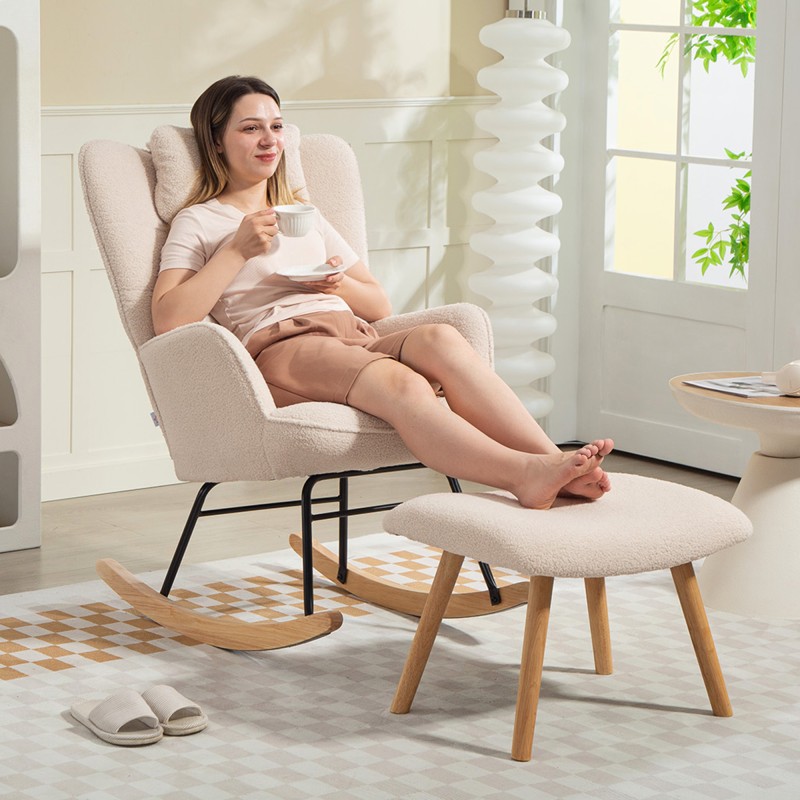 Keinutuoli ja jalkarahi, fleece-verhoilu, teräsrunko ja pyökkijalat, beige