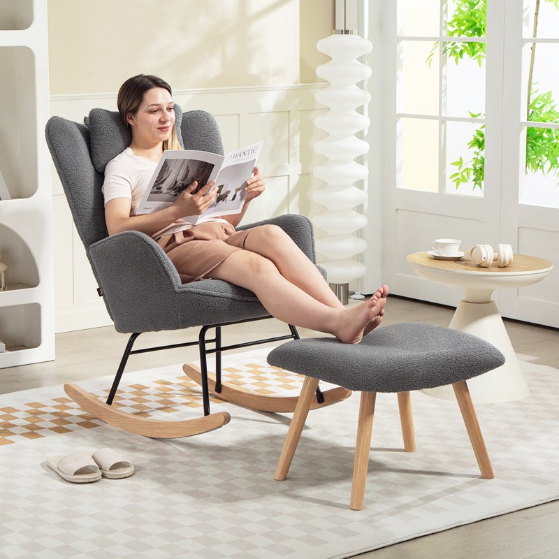 Keinutuoli ja jalkarahi, fleece-verhoilu, teräsrunko ja pyökkipuu, tummanharmaa