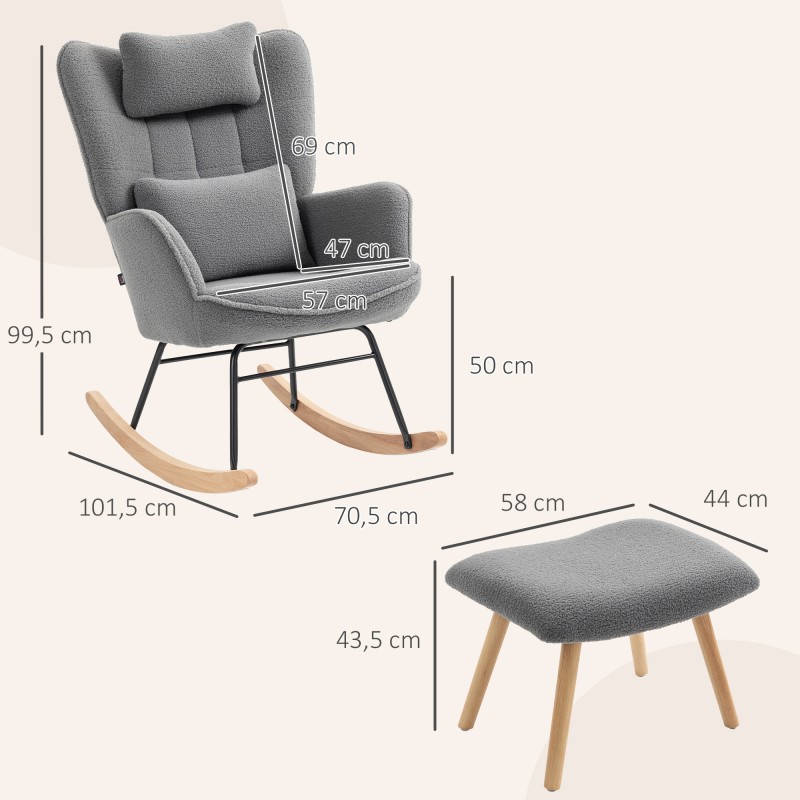 Keinutuoli ja jalkarahi, fleece-verhoilu, teräsrunko ja pyökkipuu, tummanharmaa