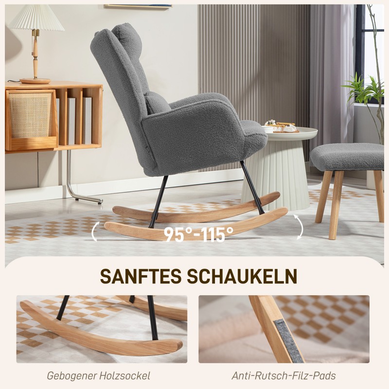 Keinutuoli ja jalkarahi, fleece-verhoilu, teräsrunko ja pyökkipuu, tummanharmaa