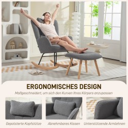 Keinutuoli ja jalkarahi, fleece-verhoilu, teräsrunko ja pyökkipuu, tummanharmaa