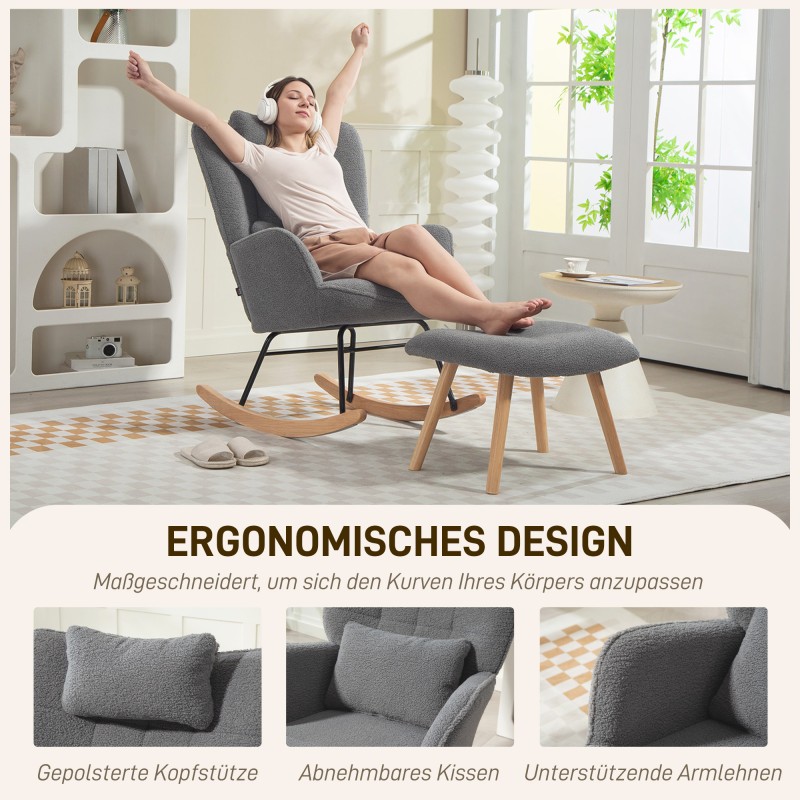 Keinutuoli ja jalkarahi, fleece-verhoilu, teräsrunko ja pyökkipuu, tummanharmaa