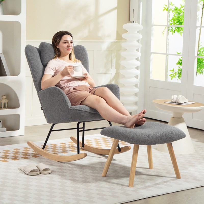 Keinutuoli ja jalkarahi, fleece-verhoilu, teräsrunko ja pyökkipuu, tummanharmaa