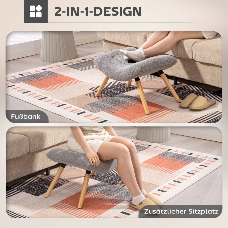 Rahi ja jalkatuki olohuoneeseen, fleecepäällinen, puujalat, 67 x 45 x 38 cm, vaaleanharmaa