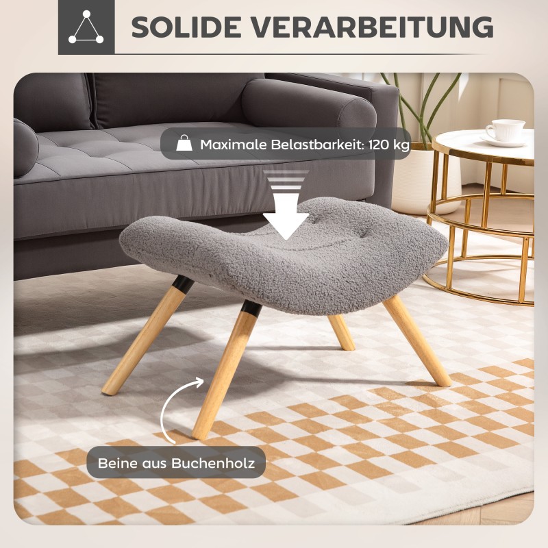 Rahi ja jalkatuki olohuoneeseen, fleecepäällinen, puujalat, 67 x 45 x 38 cm, vaaleanharmaa