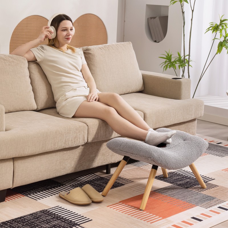 Rahi ja jalkatuki olohuoneeseen, fleecepäällinen, puujalat, 67 x 45 x 38 cm, vaaleanharmaa