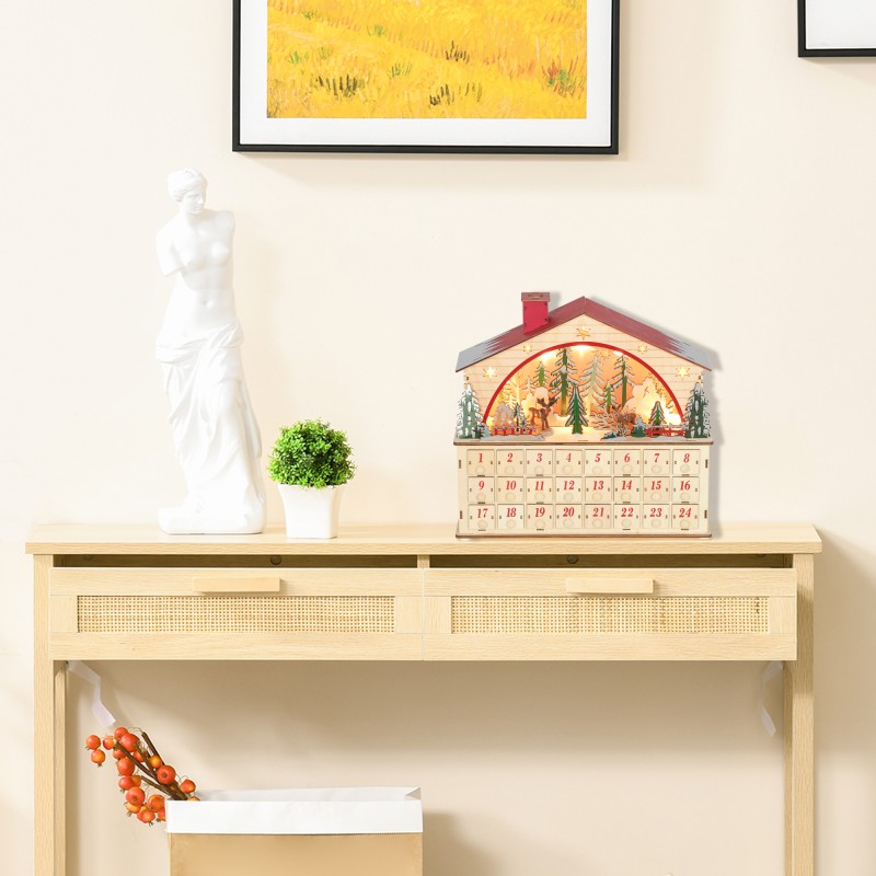 Puinen joulukalenteri täytettävä 24 laatikkoa LED-valoilla 36 x 10 x 34 cm luonnonpuu