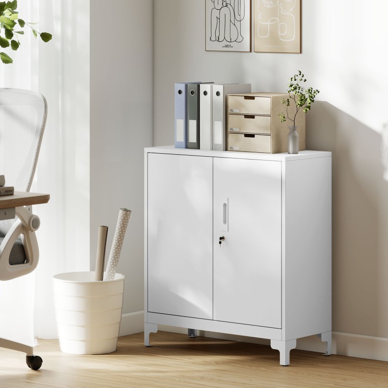 Metallinen toimistokaappi kahdella tasolla, lukittavat ovet, 80 x 35 x 91 cm, valkoinen