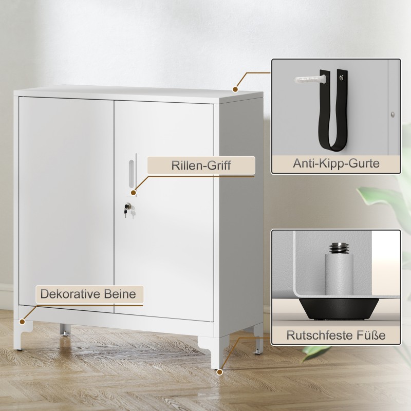 Metallinen toimistokaappi kahdella tasolla, lukittavat ovet, 80 x 35 x 91 cm, valkoinen