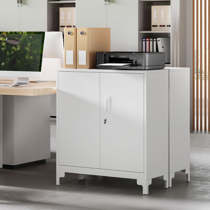 Metallinen toimistokaappi kahdella tasolla, lukittavat ovet, 80 x 35 x 91 cm, valkoinen