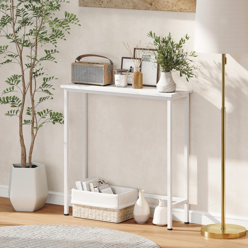 Kapea sivupöytä eteiseen, lastulevy ja metalli, 75 x 24 x 76 cm, valkoinen