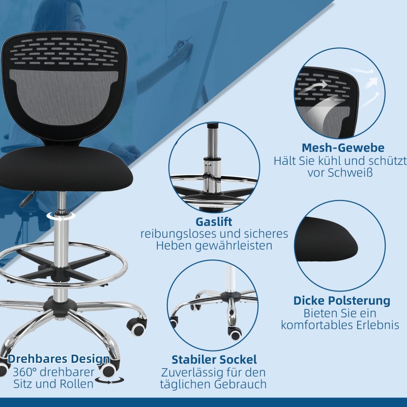 Korkea työtuoli korkeussäädettävä verkkoselkänojalla ja jalkarenkaalla, musta