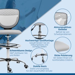 Korkea työtuoli korkeille työpöydille, verkkokangas, säädettävä jalkarengas, vaaleanharmaa