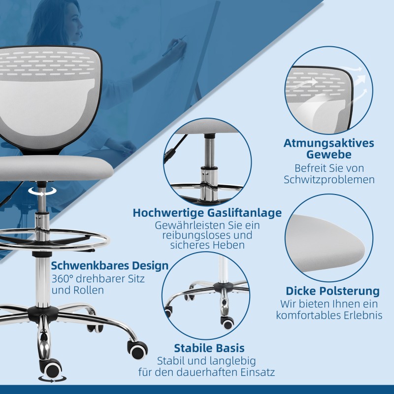 Korkea työtuoli korkeille työpöydille, verkkokangas, säädettävä jalkarengas, vaaleanharmaa