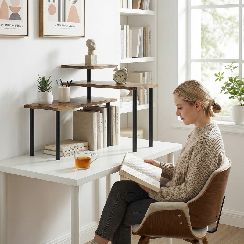 Keittiön tasohylly 3-tasoinen kääntyvä metallirunko 40 x 18 x 36,5 cm rustiikki ruskea/musta