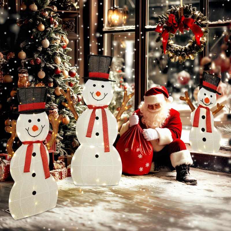 Lumiukko-perhe joulupihakoriste ulos, 3 osaa, LED-valot, teräs ja polyesteri, valkoinen