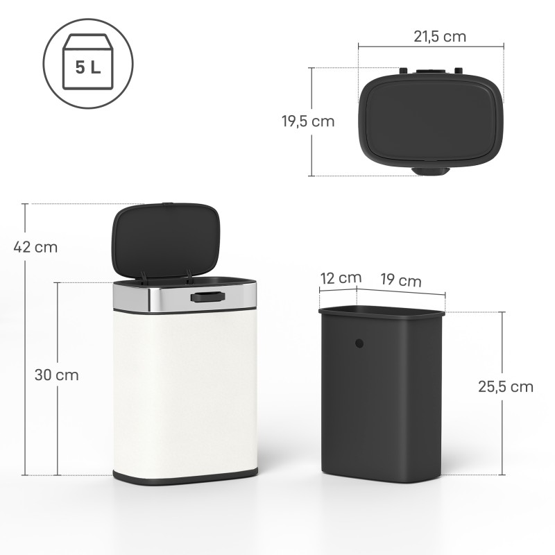 Roska-astia keittiöön, 5 l, ruostumaton teräs, vapaasti seisova tai kaapin oveen ripustettava, creme-valkoinen