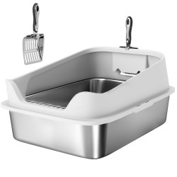 Kissanvessa suurille kissoille ruostumaton teräs 60 2 x 40 2 x 29 7 cm harmaa avoin malli ja lapio