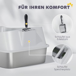 Kissanvessa suurille kissoille ruostumaton teräs 60,2 x 40,2 x 29,7 cm harmaa, avoin malli ja lapio