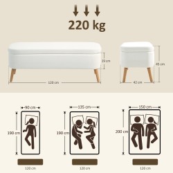 Säilytyspenkki teddy-fleecellä 65 L, kumipuujalat, 120 x 42 x 45 cm, cremevalkoinen