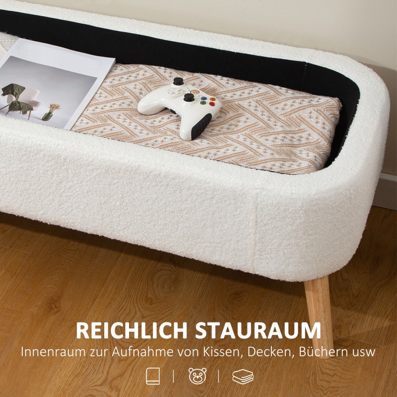 Säilytyspenkki teddy-fleecellä 65 L, kumipuujalat, 120 x 42 x 45 cm, cremevalkoinen