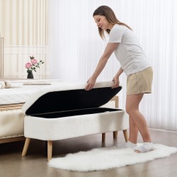 Säilytyspenkki teddy-fleecellä 65 L, kumipuujalat, 120 x 42 x 45 cm, cremevalkoinen
