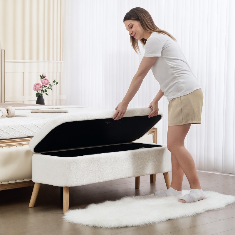 Säilytyspenkki teddy-fleecellä 65 L, kumipuujalat, 120 x 42 x 45 cm, cremevalkoinen