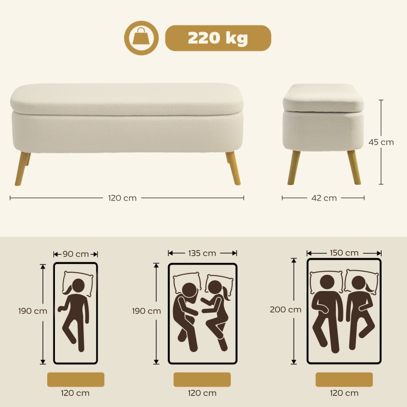 Säilytyspenkki teddy-fleece, kumipuu, 65 l, 120 x 42 x 45 cm, beige