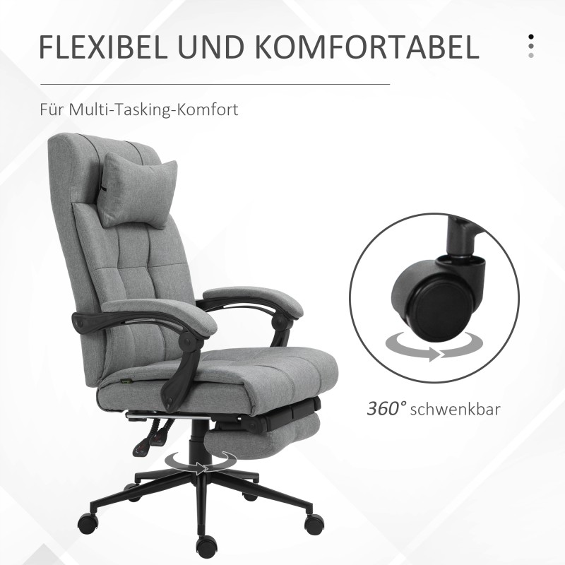 Ergonominen työtuoli niskatyynyllä, käsinojilla ja jalkatuella, kallistettava ja korkeussäädettävä, vaaleanharmaa