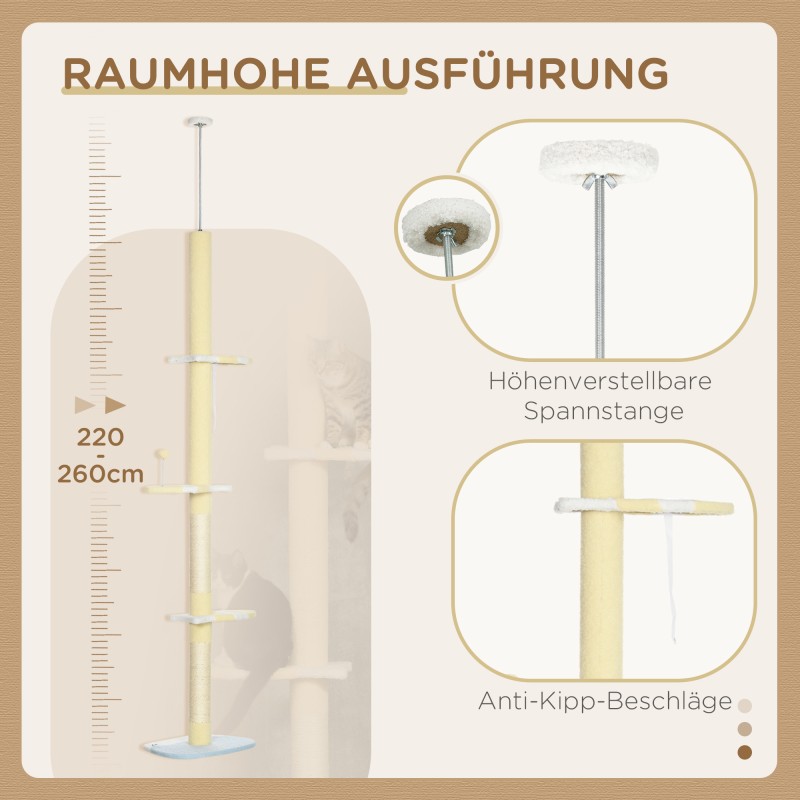 Korkeussäädettävä lattiasta kattoon ulottuva kissapuu, sisal-tolpat, liukueste, 220–260 x 47 x 34 cm