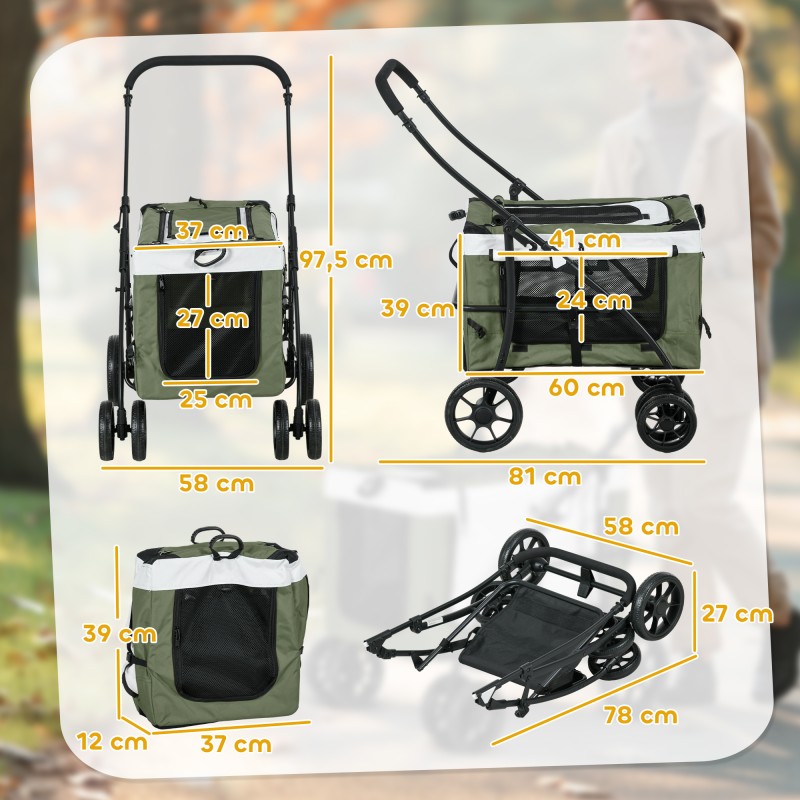 Lemmikkirattaat pienille koirille ja kissoille, taittuva ja irrotettava kuljetusosa, 81 x 58 x 97,5 cm