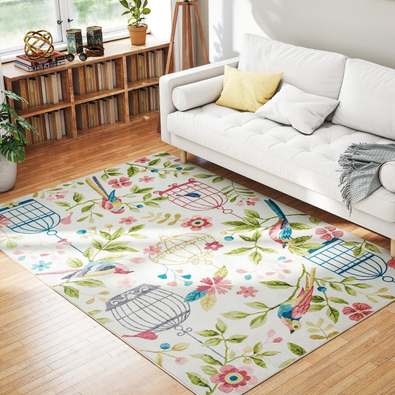 Matto olohuoneeseen ja makuuhuoneeseen 200x140 cm, polyesteri, liukuestepohja, kermanvalkoinen/vaaleanpunainen