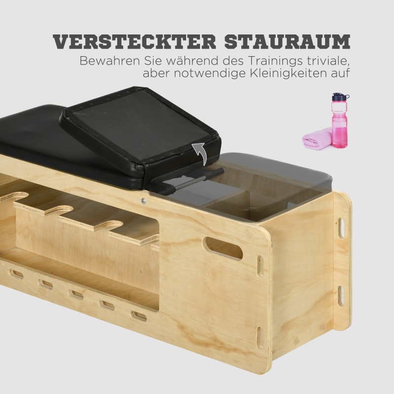 Säädettävä treenipenkki käsipainotelineellä ja säilytyskorilla, massiivipyökki, natur/musta