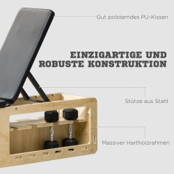 Säädettävä treenipenkki käsipainotelineellä ja säilytyskorilla, massiivipyökki, natur/musta