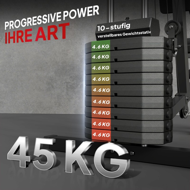 Kotikuntosali koko kehon harjoitteluun, 45 kg painopakka, teräsrunko, musta