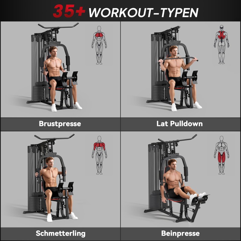 Kotikuntosalin voimaharjoittelulaite 45 kg painopakka, ylävetolaite, rintalihasasema ja jalkaprässi, musta
