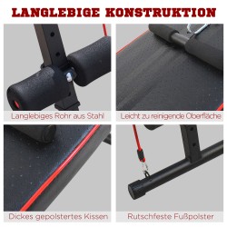 Korkeussäädettävä monitoiminen harjoituspenkki vatsalle ja selälle, teräsrunko, musta–punainen